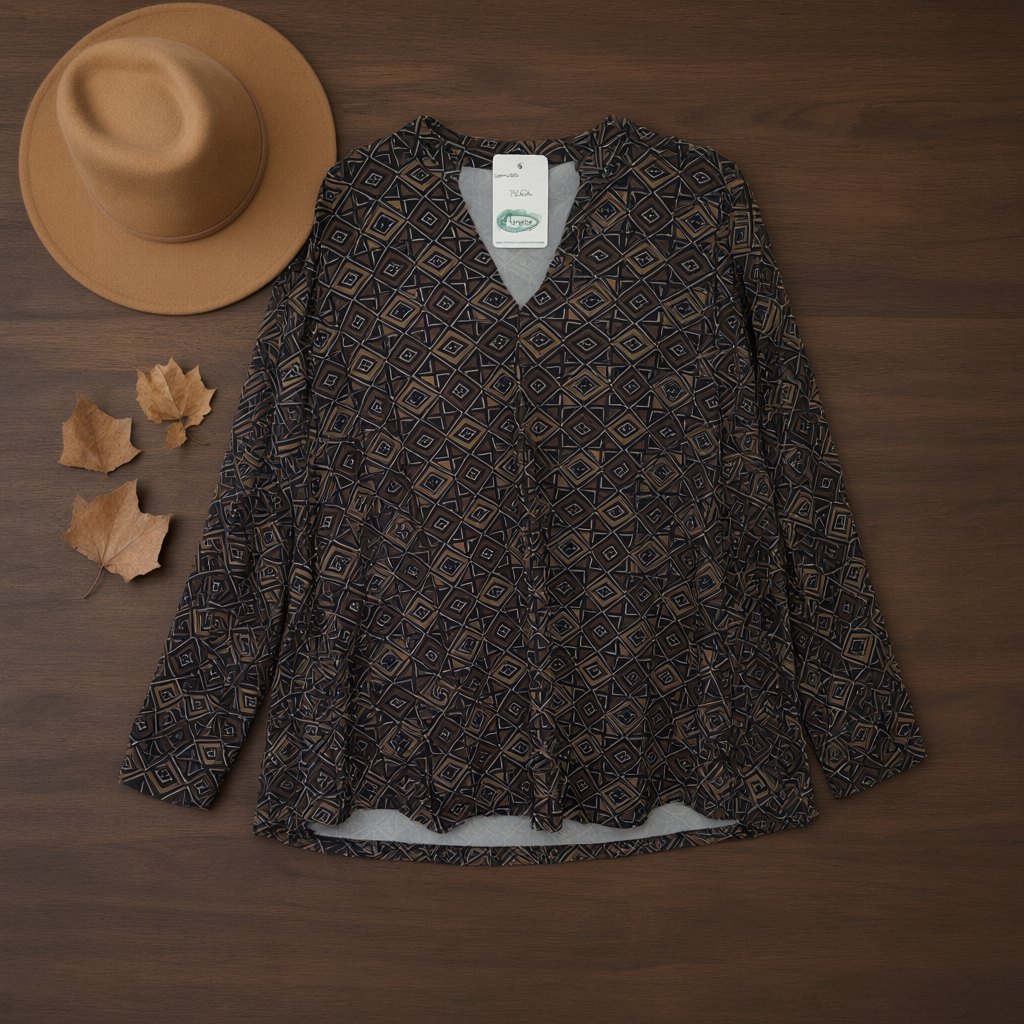 Blusa Plata estampado geométrico étnico tejido fluido volante asimétrico desde arriba para mujer Angara Moda