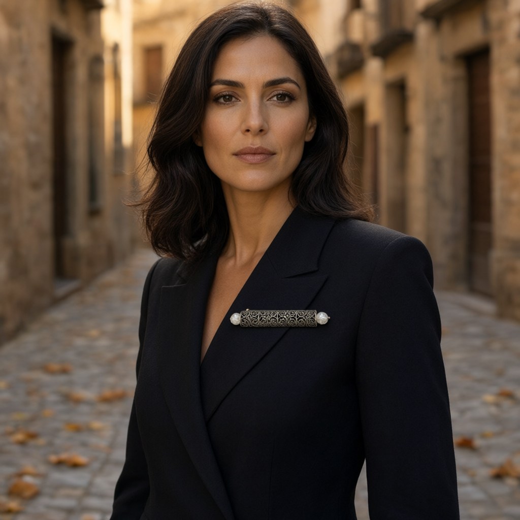 Broche rodillo puestos en una modelo para mujer Angara Moda