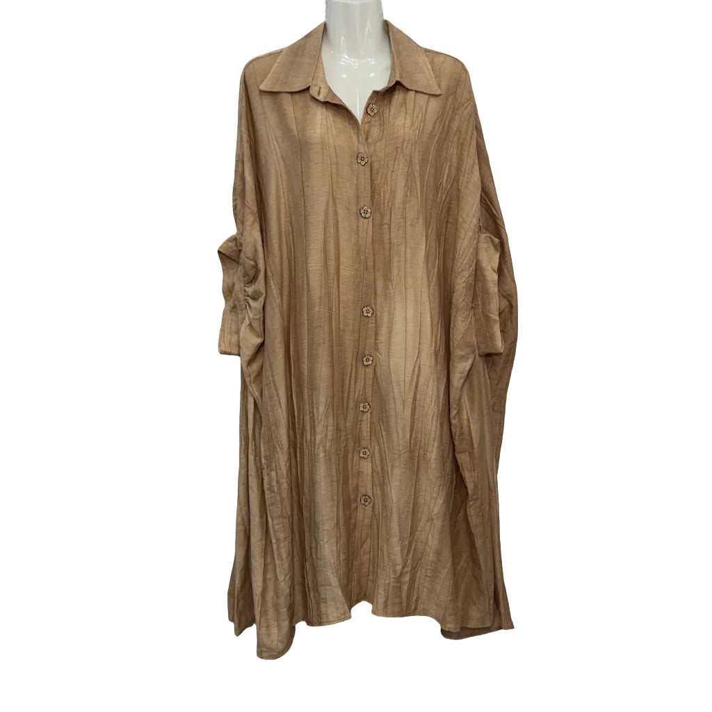 Vestido Corto Garibaldi Camisero Oversize Crush Botones Joya Talla Única en color Camel sobre fondo blanco para mujer Angara Moda