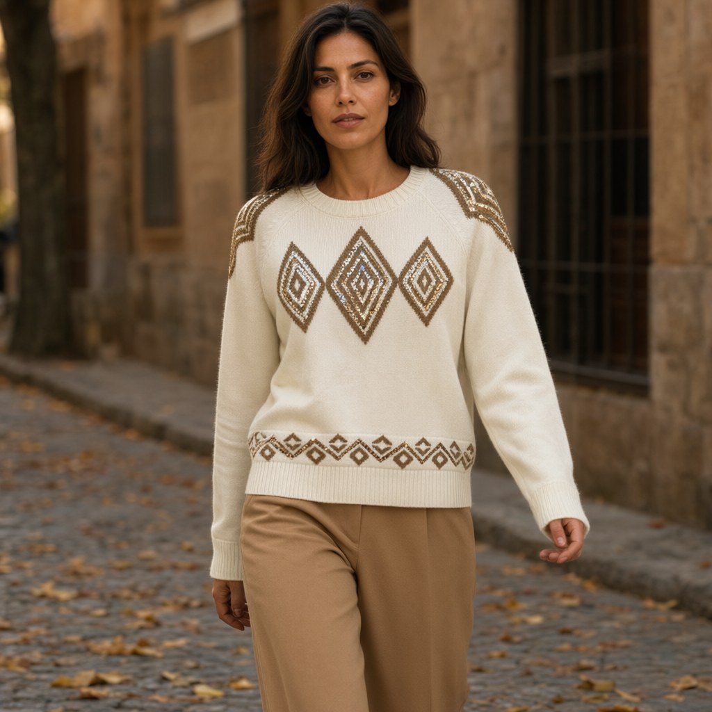 Jersey rumbo26 con una modelo para mujer Angara Moda