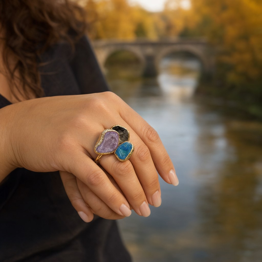 Anillo geoda puestos en una modelo para mujer Angara Moda