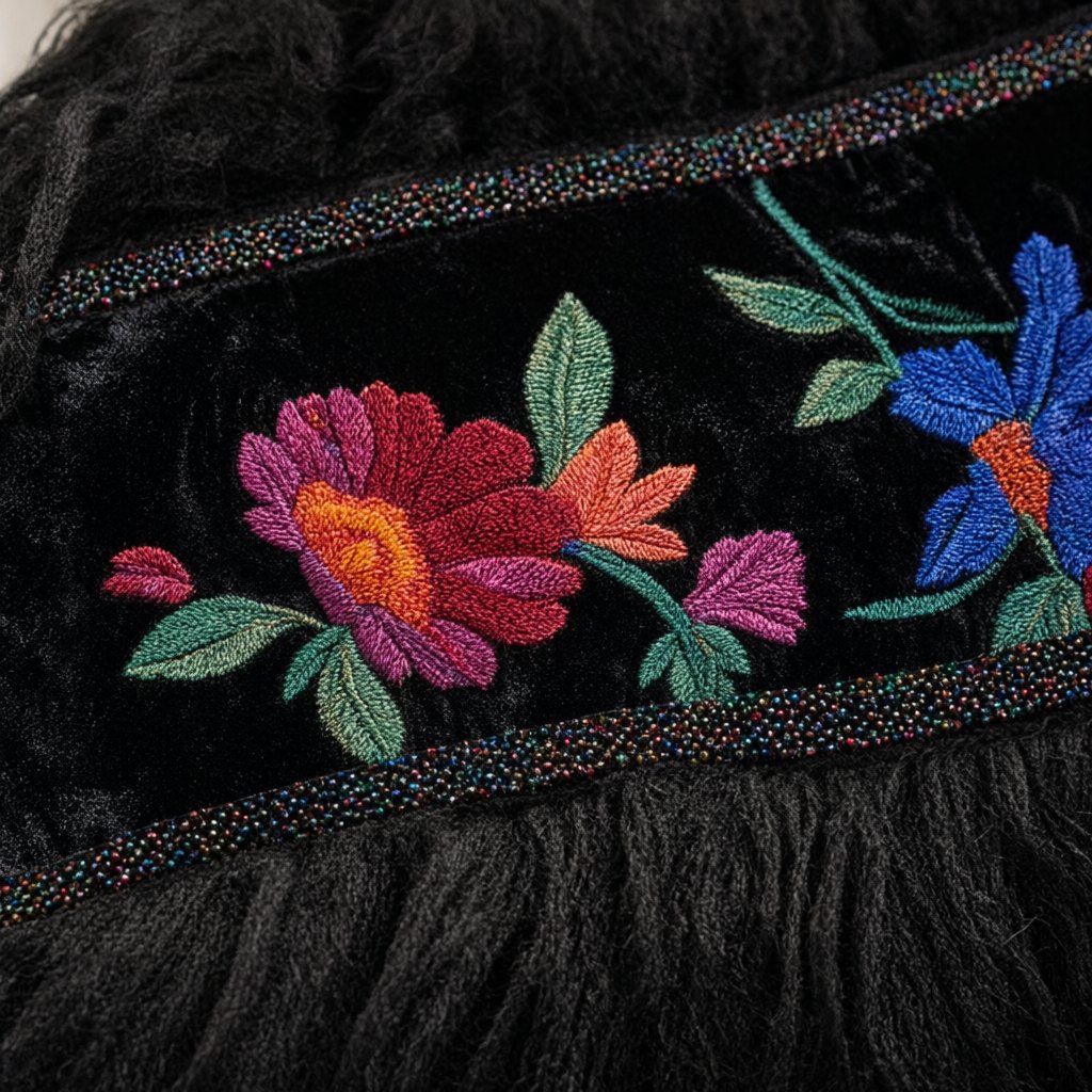 Detalle del tejido de Abrigo largo de pelo sintético con bordado floral artesanal Ali25 para mujer Angara Moda