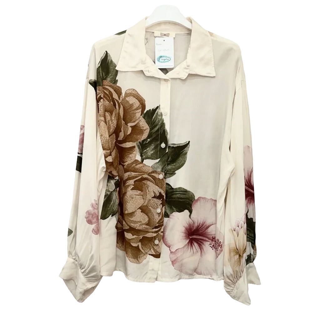 Camisa Galina25 floral oversize estampado botánico peonías manga larga sobre fondo blanco para mujer Angara Moda