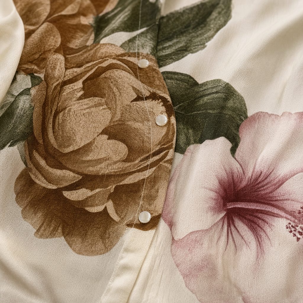 Detalle del tejido de Camisa Galina25 floral oversize estampado botánico peonías manga larga para mujer Angara Moda