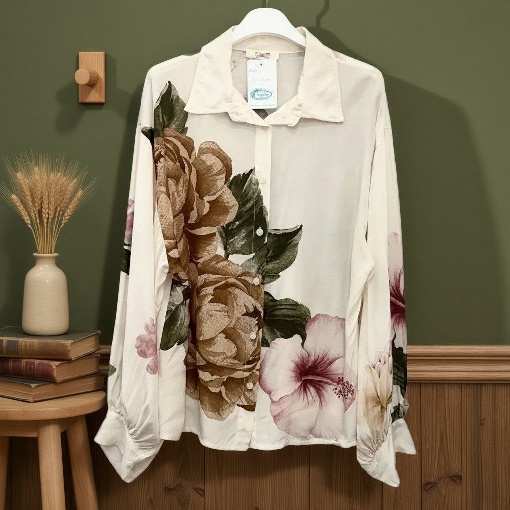 Camisa Galina25 floral oversize estampado botánico peonías manga larga colgada en un ambiente para mujer Angara Moda