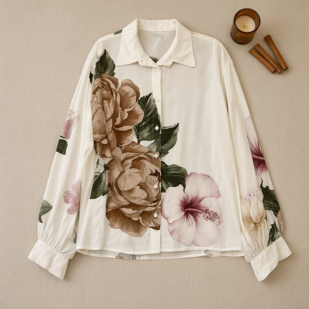 Camisa Galina25 floral oversize estampado botánico peonías manga larga desde arriba para mujer Angara Moda