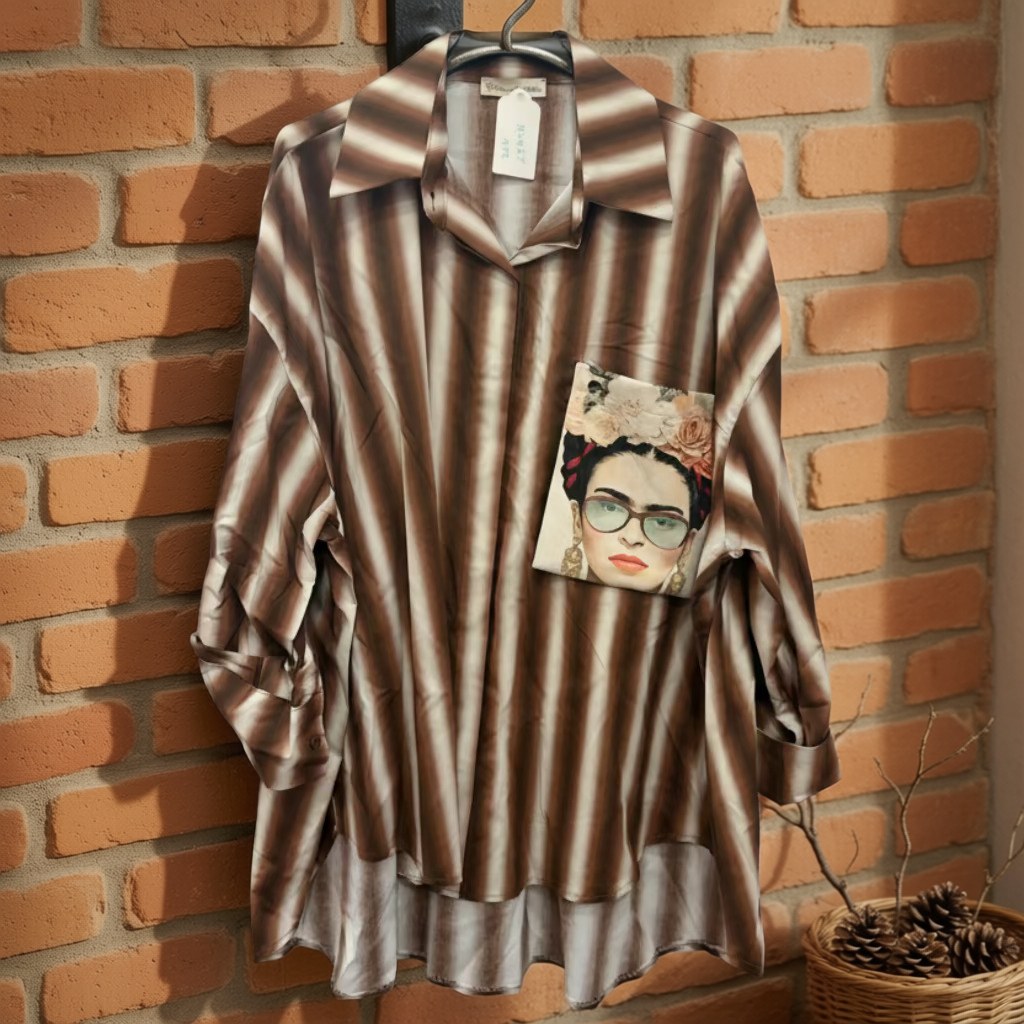 Camisa Limon oversize larga rayas degradadas bolsillo estampado artístico colgada en un ambiente para mujer Angara Moda