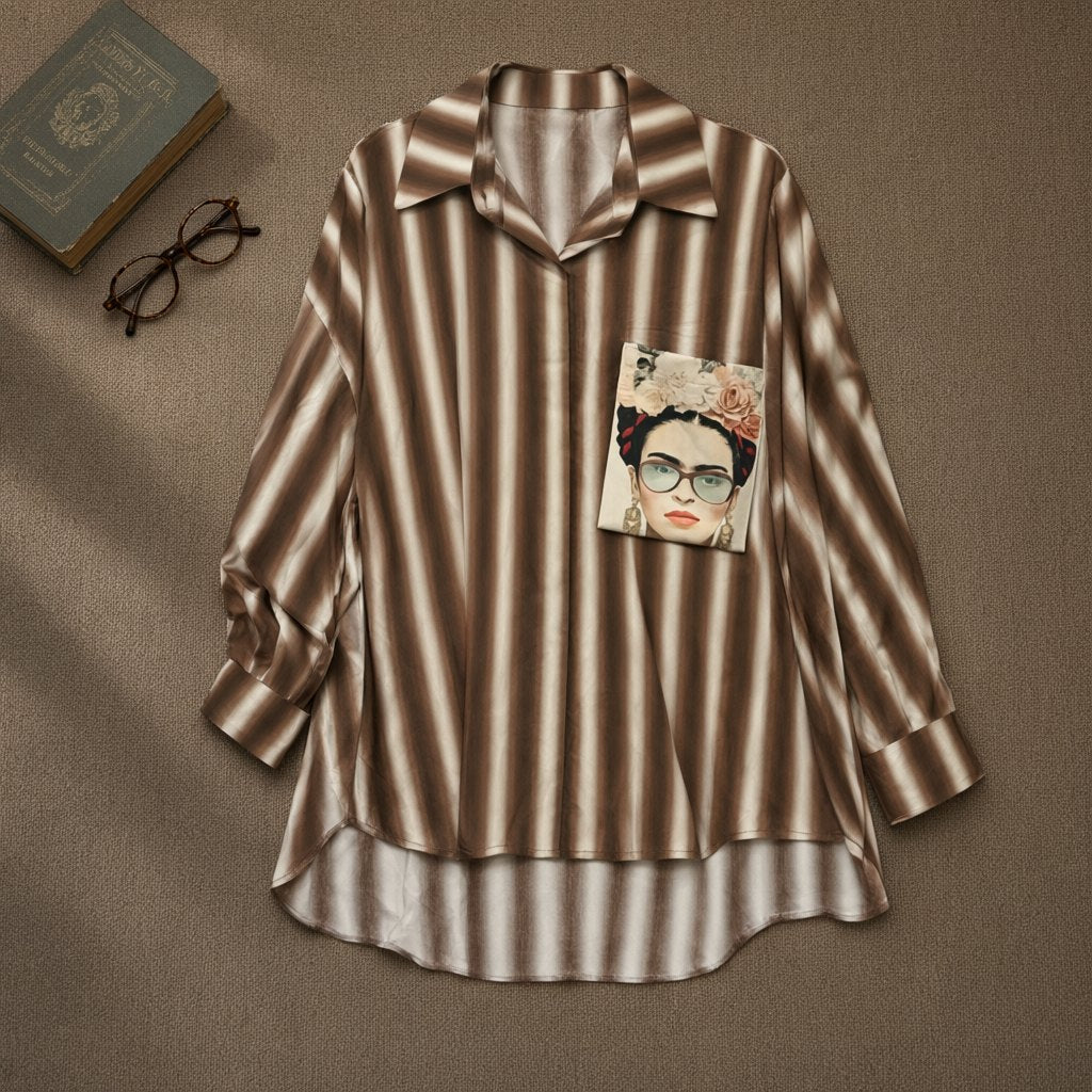 Camisa Limon oversize larga rayas degradadas bolsillo estampado artístico desde arriba para mujer Angara Moda