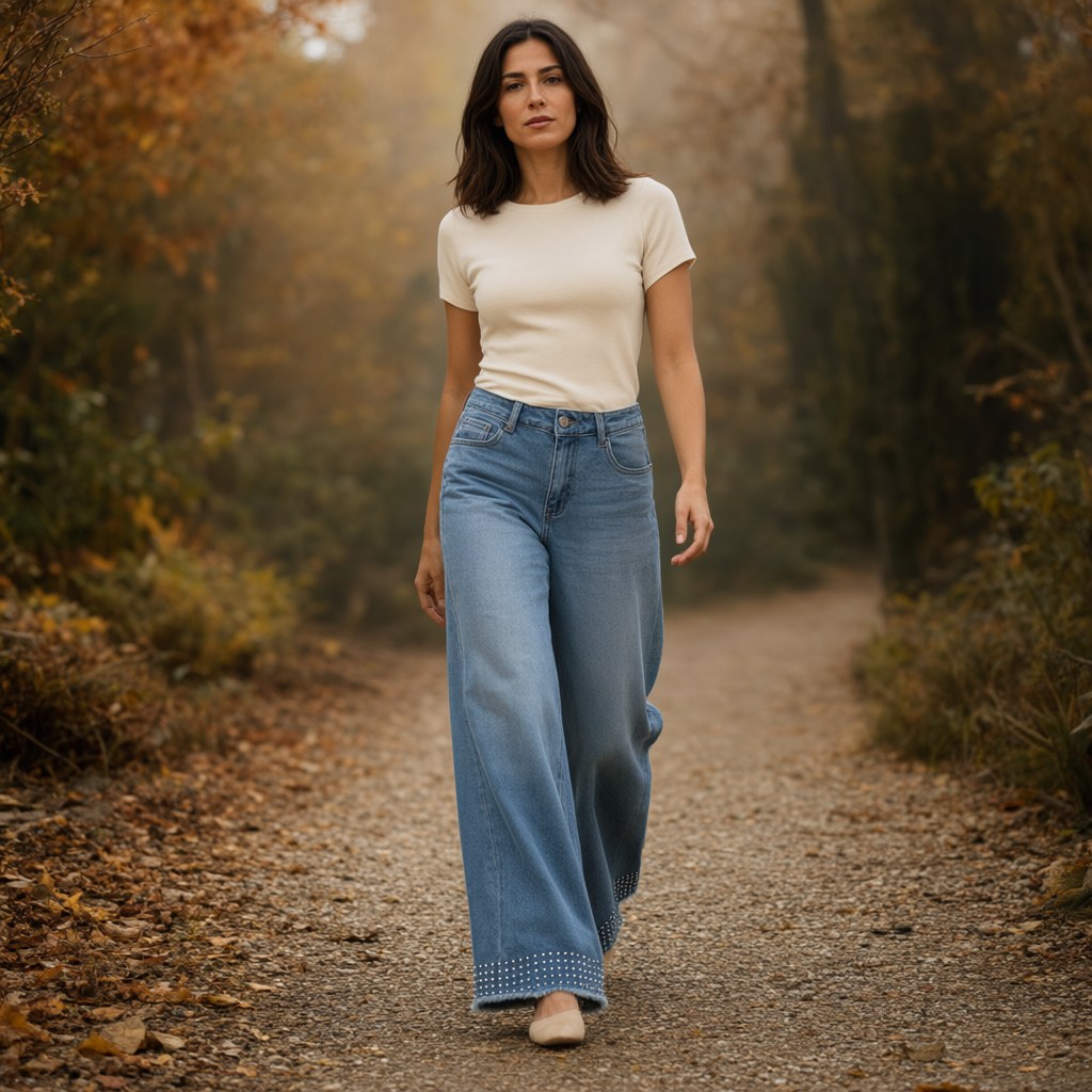 Pantalón vaquero cereza con una modelo para mujer Angara Moda
