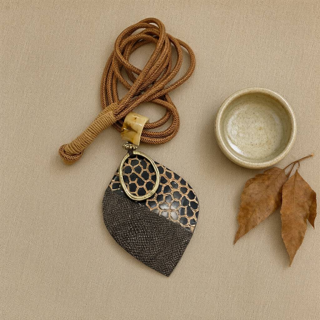 Collar Torito Étnico Artesanal con Colgante Hoja y Cordón Bronce desde arriba para mujer Angara Moda