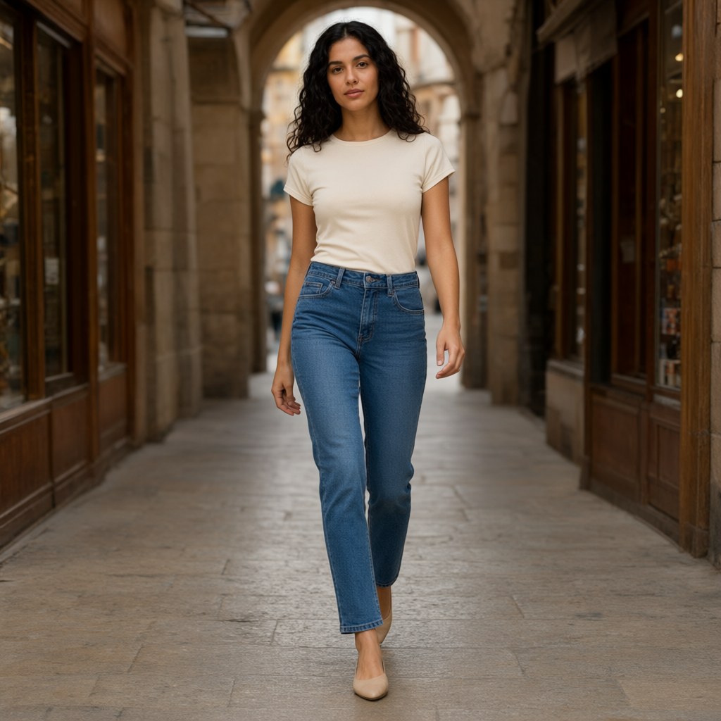 Pantalón Vaquero Mayon con una modelo para mujer Angara Moda