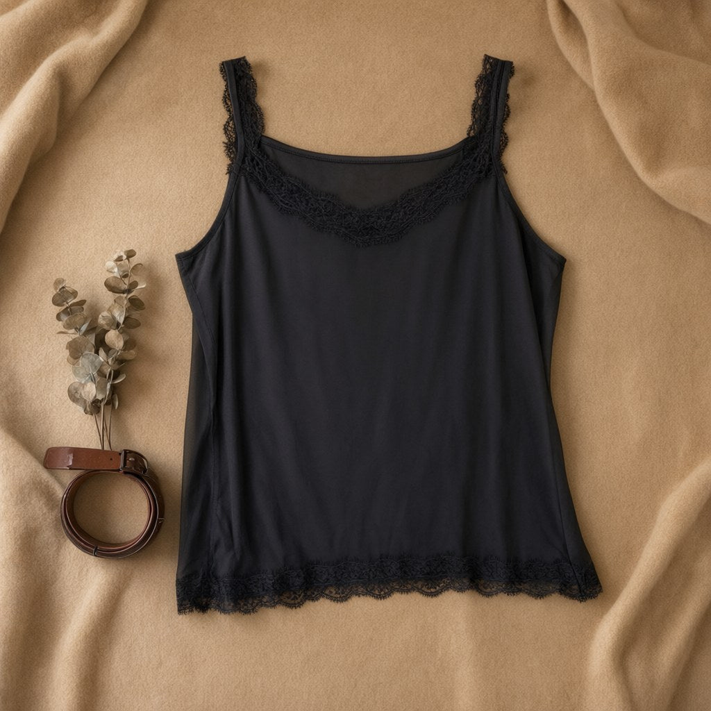 Camiseta Lencera Isquia con Encaje - Tejido Fluido y Tirantes desde arriba para mujer Angara Moda