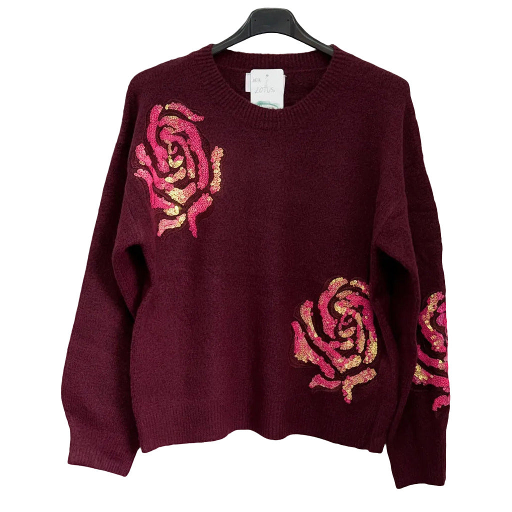Jersey lotus en color Rojo burdeos oscuro sobre fondo blanco para mujer Angara Moda