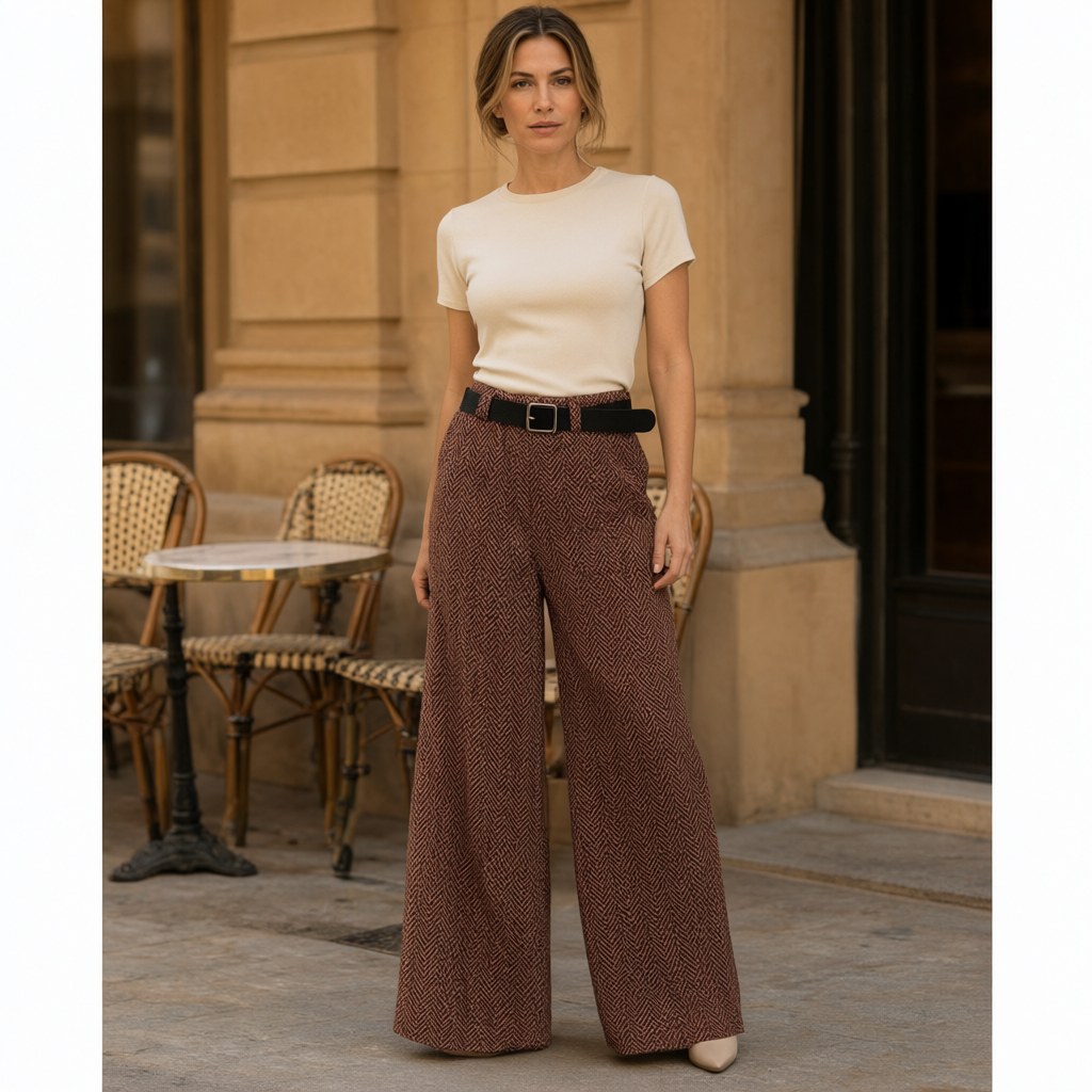 Pantalon almendra con una modelo para mujer Angara Moda