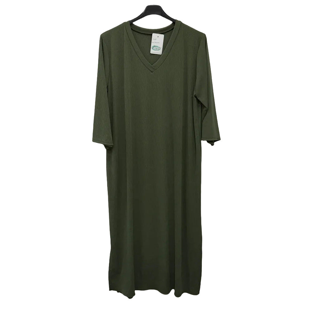 Vestido largo barbacoa en color Verde oliva sobre fondo blanco para mujer Angara Moda