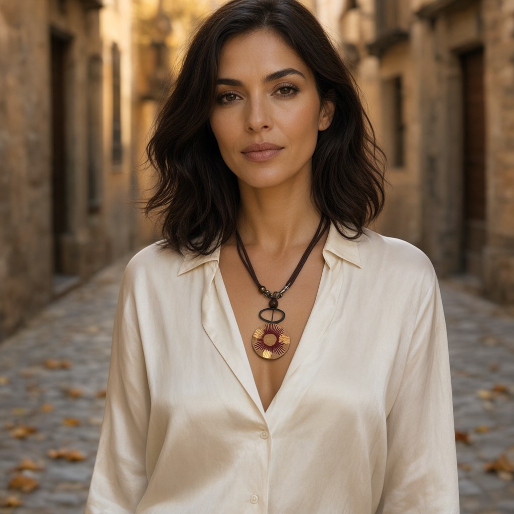 Collar étnico macadamia puestos en una modelo para mujer Angara Moda