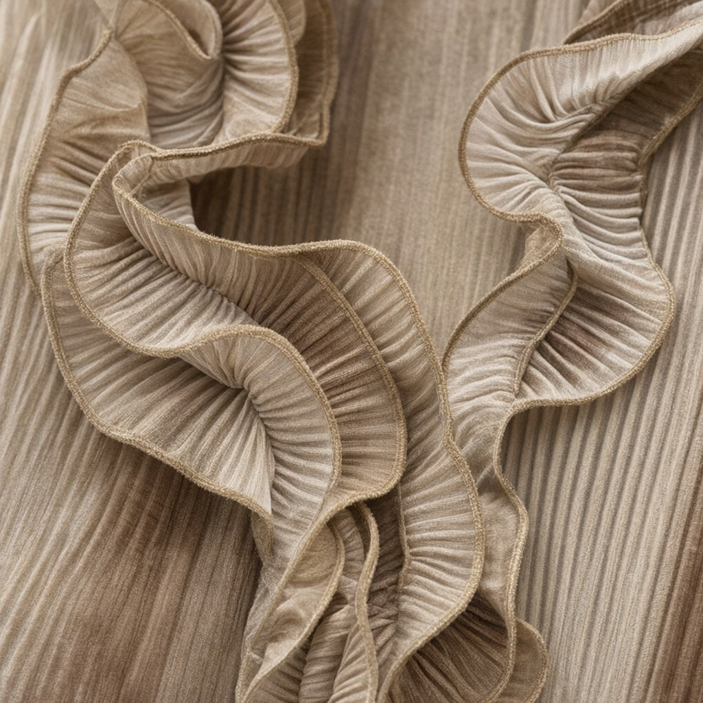 Detalle del tejido de Blusa ceremonia con volantes plisados en cascada y tejido fluido para mujer Angara Moda
