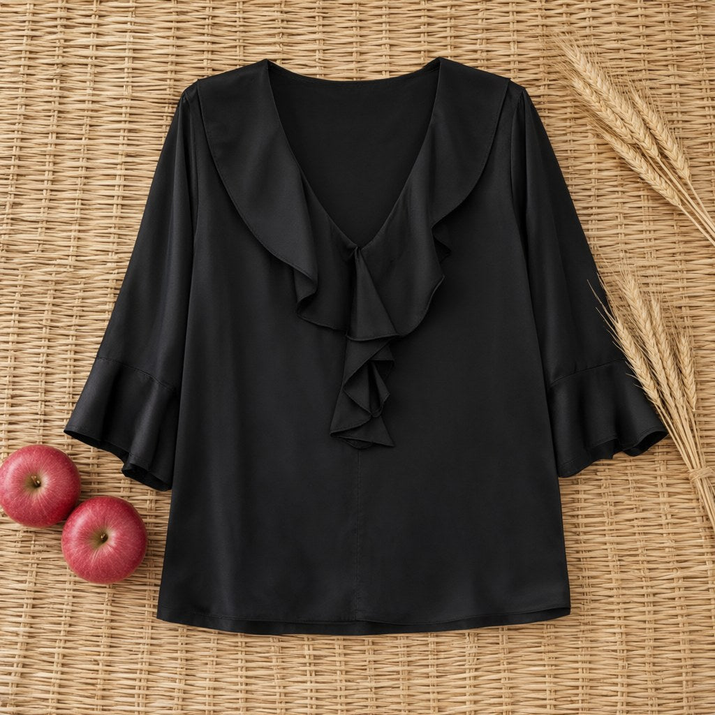 Blusa Promesa raso volante frontal cascada mangas campana tres cuartos desde arriba para mujer Angara Moda