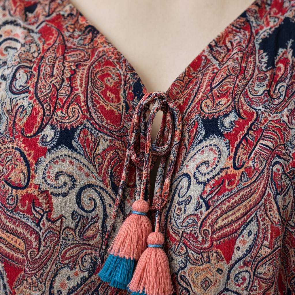 Detalle del tejido de Vestido India corto carmen para mujer Angara Moda