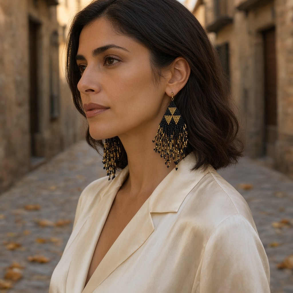 Pendientes penyuqui1 puestos en una modelo para mujer Angara Moda