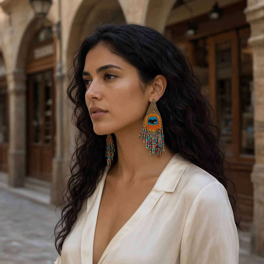 Pendientes penyuqui3 puestos en una modelo para mujer Angara Moda