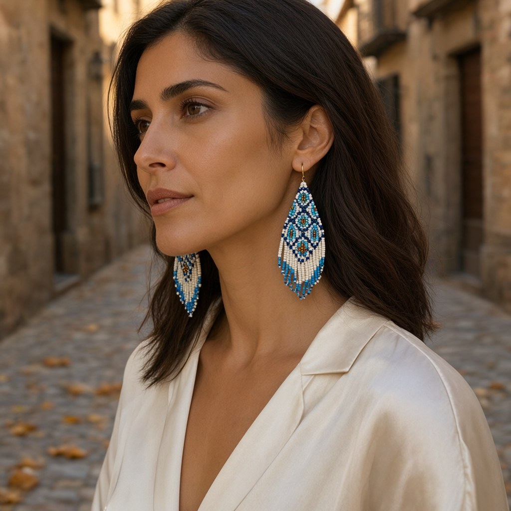 Pendientes penyuqui4 puestos en una modelo para mujer Angara Moda
