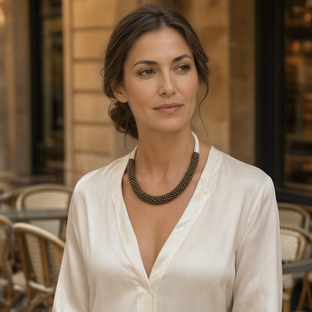 Collar elefante1 puestos en una modelo para mujer Angara Moda