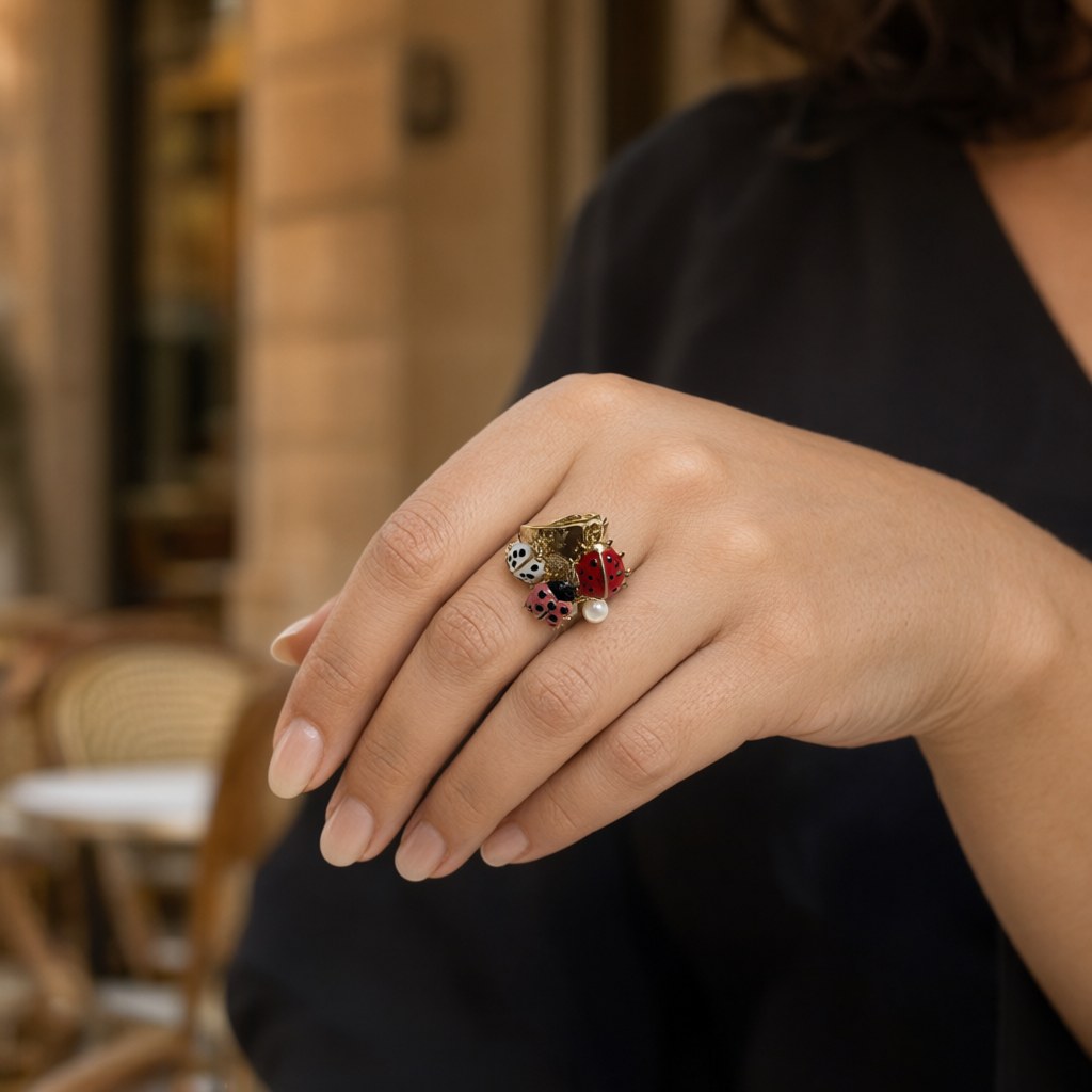 Anillo dijes puestos en una modelo para mujer Angara Moda