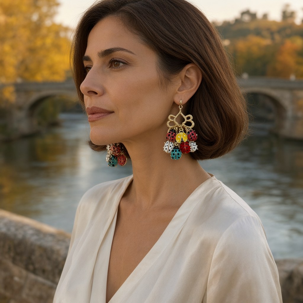 Pendientes aribis puestos en una modelo para mujer Angara Moda
