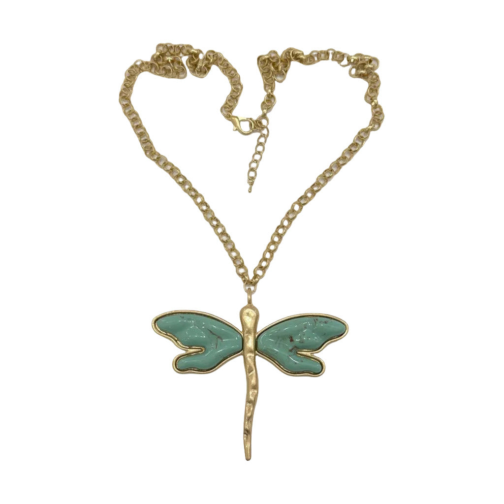 Collar Libelulon - Collar Libélula con Esmalte y Cadena Dorada en color Verde turquesa sobre fondo blanco para mujer Angara Moda