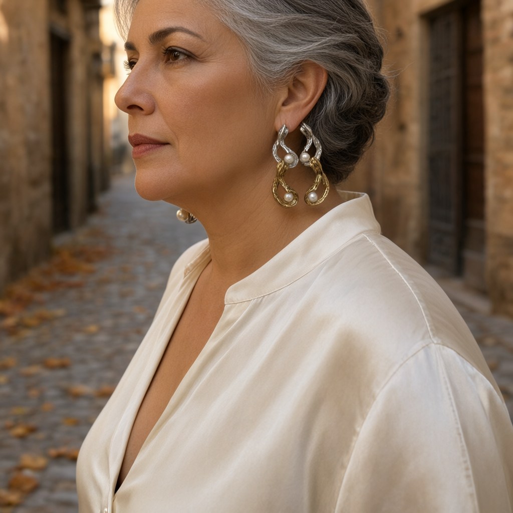 Pendientes pletina puestos en una modelo para mujer Angara Moda