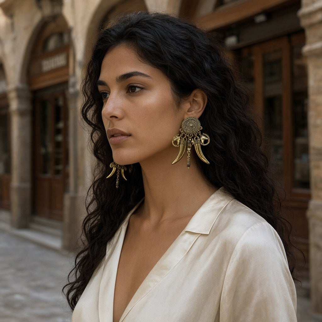 Pendientes gringo puestos en una modelo para mujer Angara Moda
