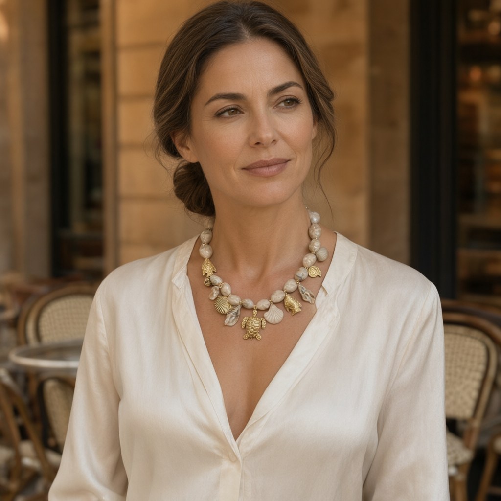 Collar caribe puestos en una modelo para mujer Angara Moda