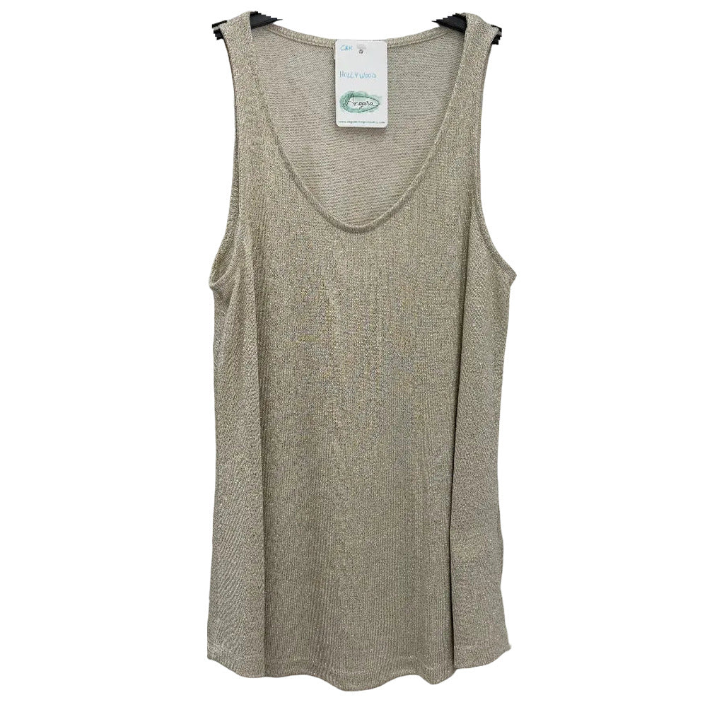 Camiseta Hollywood sin mangas punto fino lurex brillante escote redondo sobre fondo blanco para mujer Angara Moda
