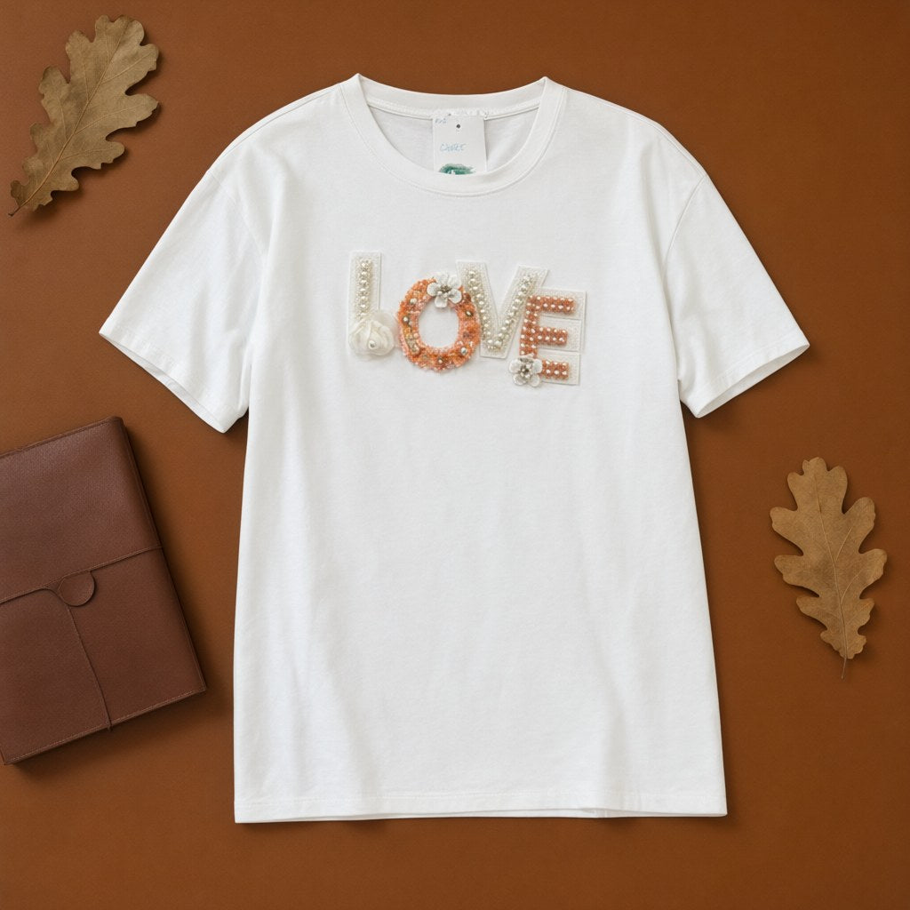 Camiseta Cuore algodón manga corta aplique LOVE perlas lentejuelas desde arriba para mujer Angara Moda