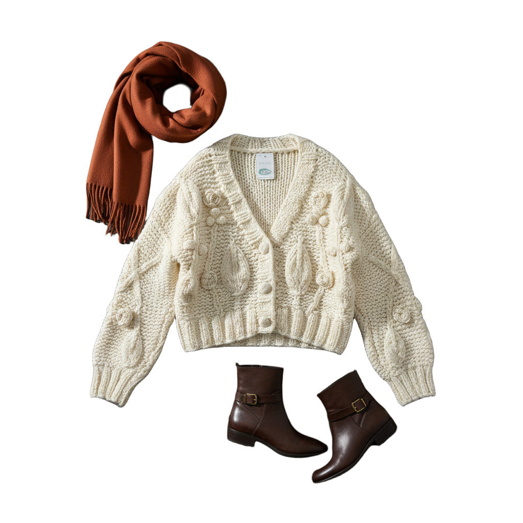 Cardigan Florinda de punto trenzado con flores y botones joya sobre fondo blanco, vista trasera para mujer Angara Moda