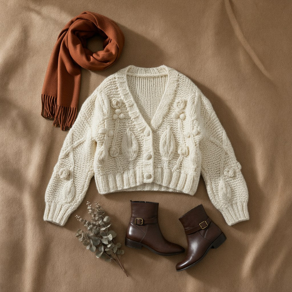 Cardigan Florinda de punto trenzado con flores y botones joya desde arriba para mujer Angara Moda