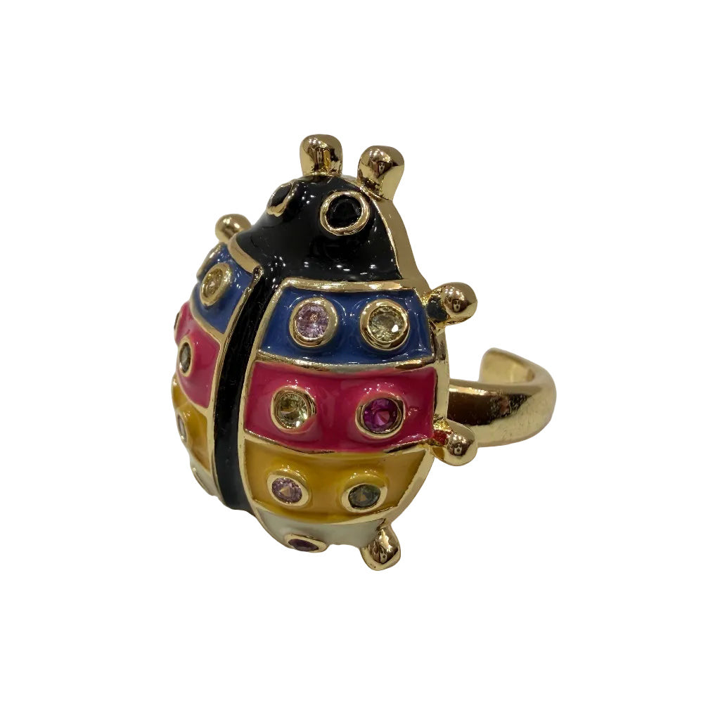 Anillo Carolina bañado en oro con mariquita esmaltada y cristales sobre fondo blanco para mujer Angara Moda