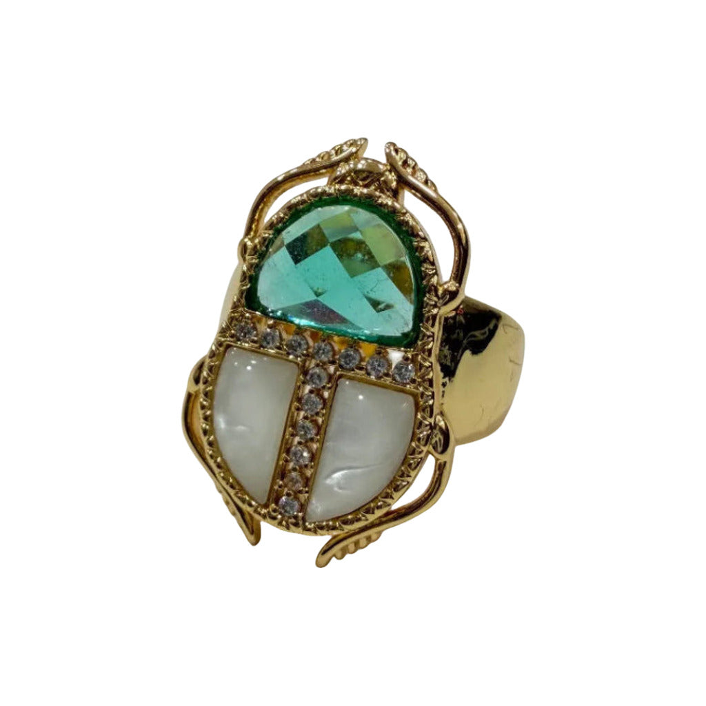 Anillo Raquel escarabajo egipcio con cristal facetado, nácar y circonitas en color Verde turquesa sobre fondo blanco para mujer Angara Moda