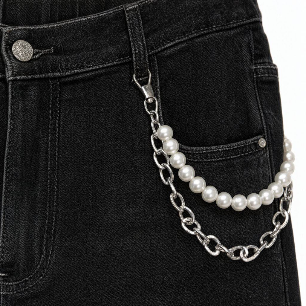 Detalle del tejido de Pantalón vaquero mom de tiro alto con cadena de perlas extraíble Perlitas para mujer Angara Moda
