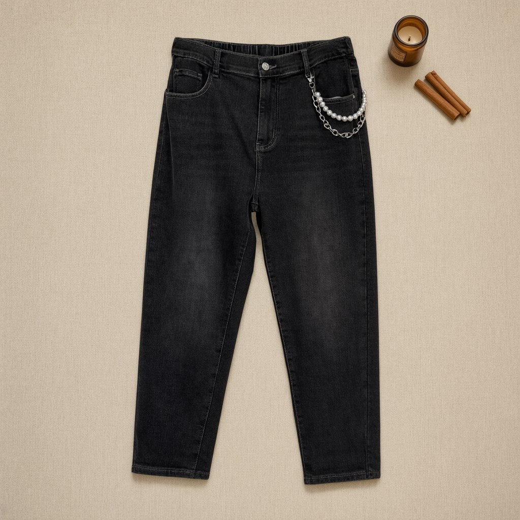 Pantalón vaquero mom de tiro alto con cadena de perlas extraíble Perlitas desde arriba para mujer Angara Moda