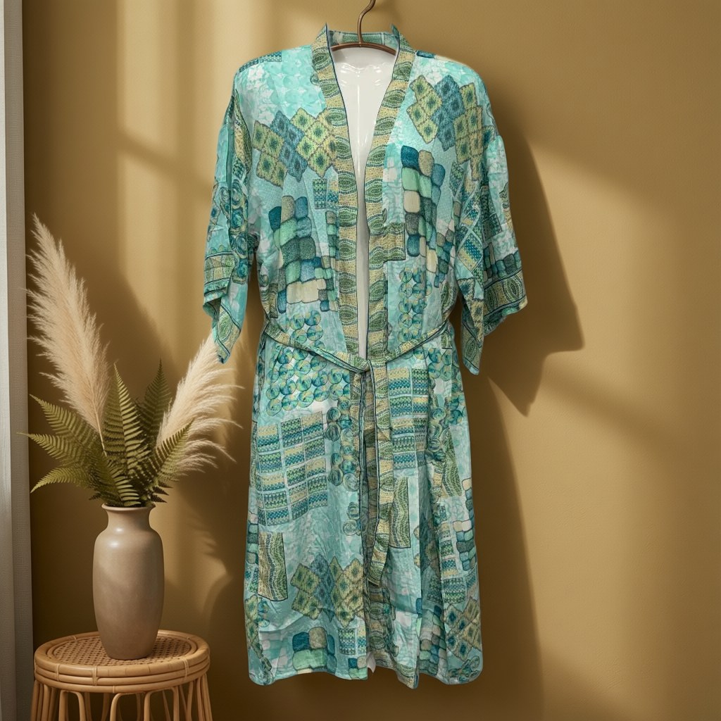 Kimono Largo Santorini colgada en un ambiente para mujer Angara Moda