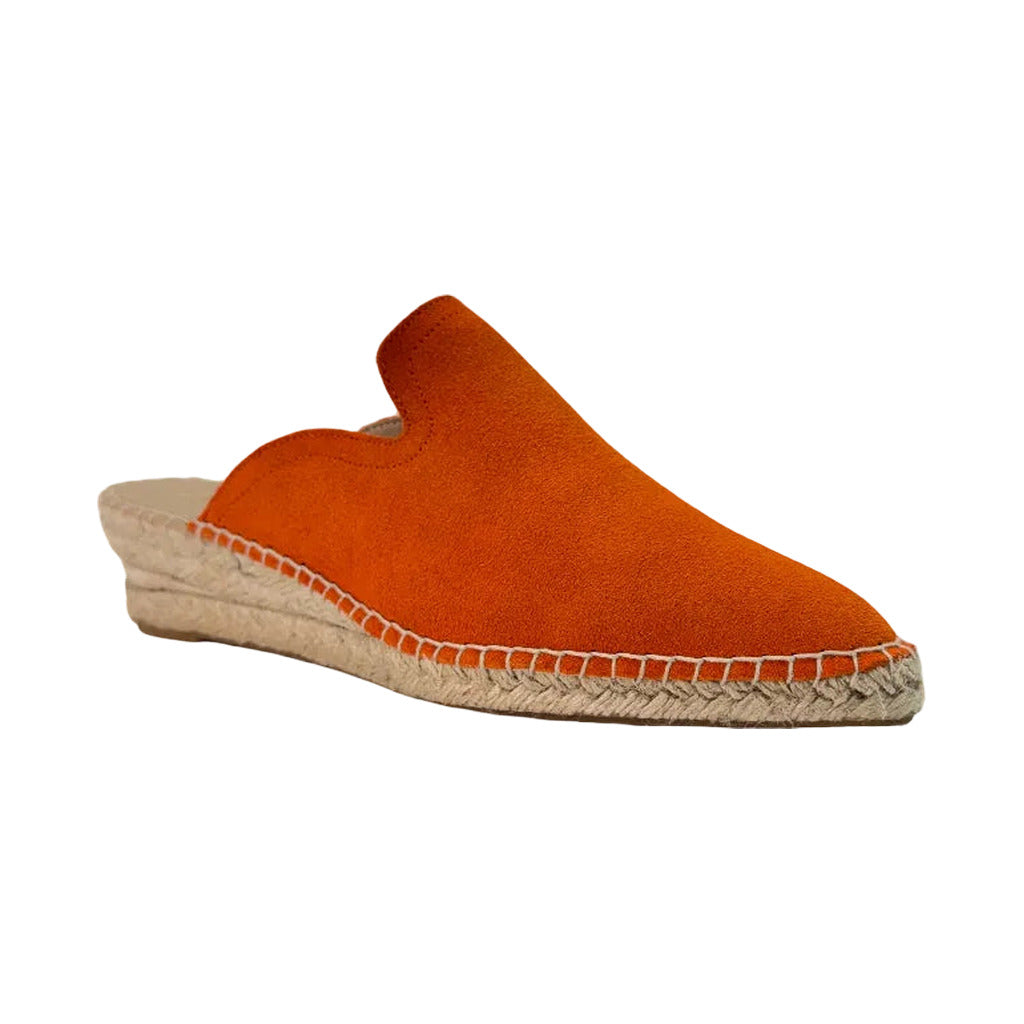Zueco Serraje Angara | Mule de Ante con Cuña de Esparto en color Naranja sobre fondo blanco para mujer Angara Moda