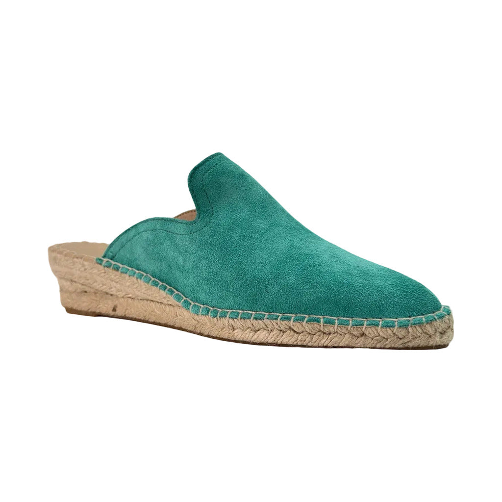 Zueco Serraje Angara | Mule de Ante con Cuña de Esparto en color Azul turquesa sobre fondo blanco para mujer Angara Moda
