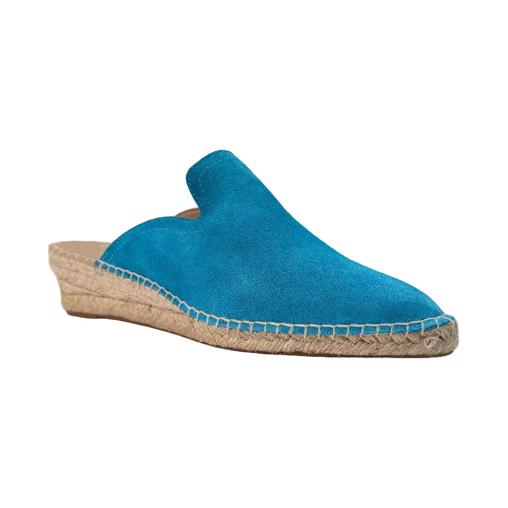 Zueco Serraje Angara | Mule de Ante con Cuña de Esparto en color Azul cielo sobre fondo blanco para mujer Angara Moda