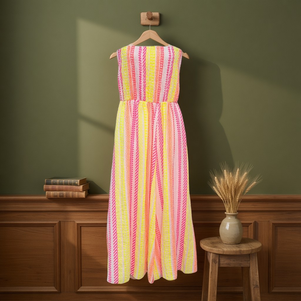 Vestido Largo Olivia Strapless Estampado Étnico colgada en un ambiente para mujer Angara Moda