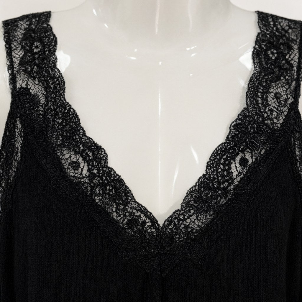 Detalle del tejido de Vestido Lencero Straciatella - Vestido maxi de tirantes con encaje en escote V para mujer Angara Moda