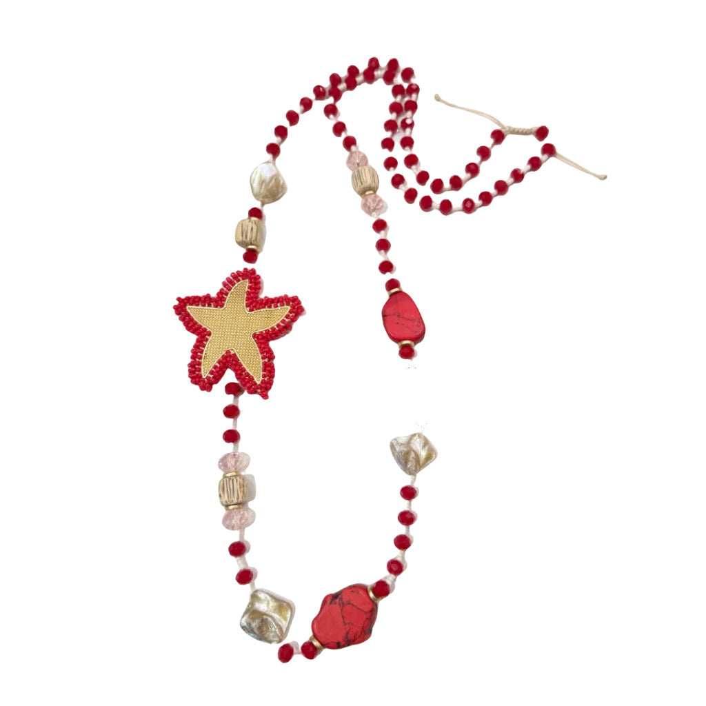 Collar Selena Largo Cristales Estrella de Mar Bordada Artesanal sobre fondo blanco para mujer Angara Moda