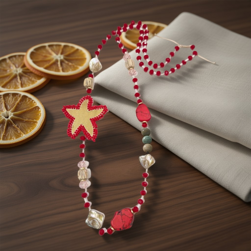 Collar Selena Largo Cristales Estrella de Mar Bordada Artesanal sobre una superficie para mujer Angara Moda
