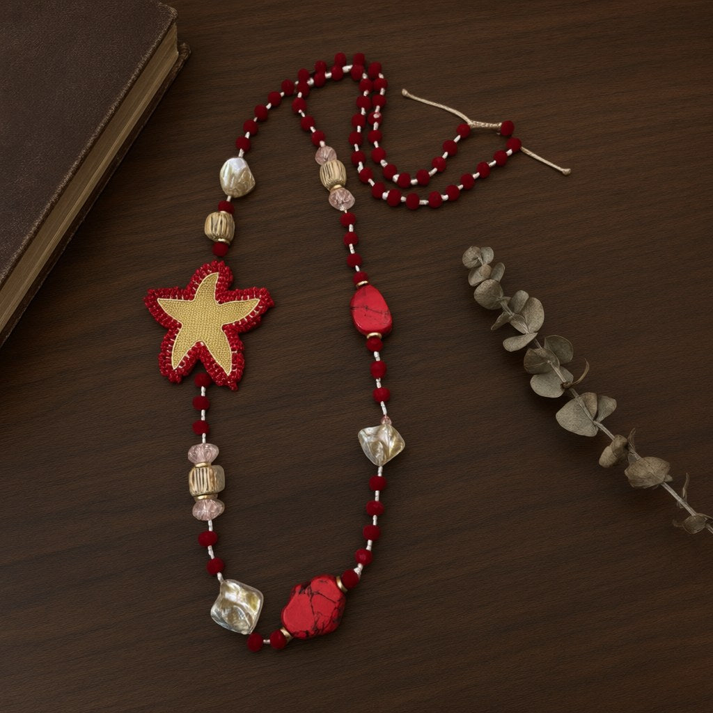 Collar Selena Largo Cristales Estrella de Mar Bordada Artesanal desde arriba para mujer Angara Moda
